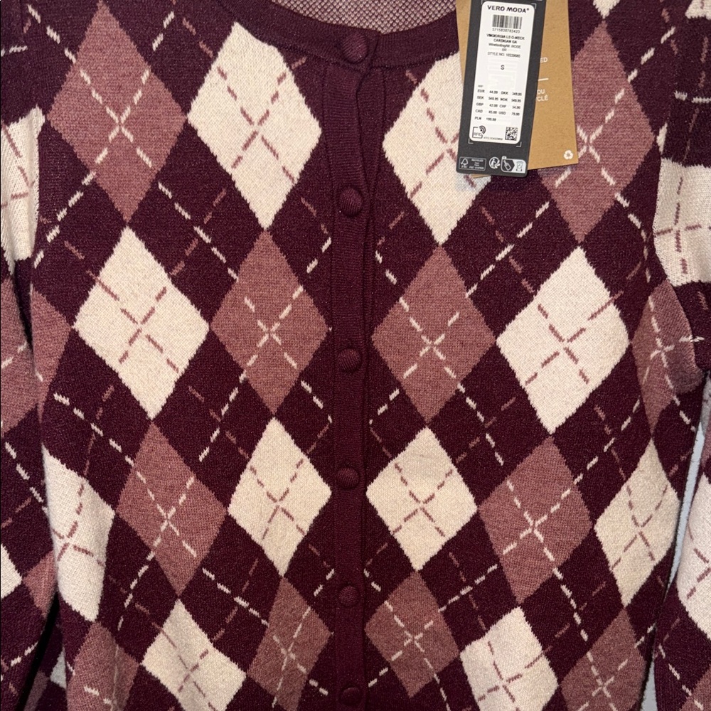 Vera Moda Wine Argyle Cardigan S - Picture 3 of 5